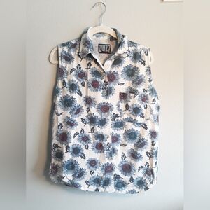 🌼2 For $15🌼 Vintage Floral Button Top Blue White Women's Med Sleeveless Tank